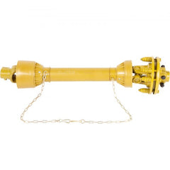 Yellow Bostome Series 4 PTO shaft with 1-3/8" 6-spline ends, adjustable 31.5-41" length, and safety chain.