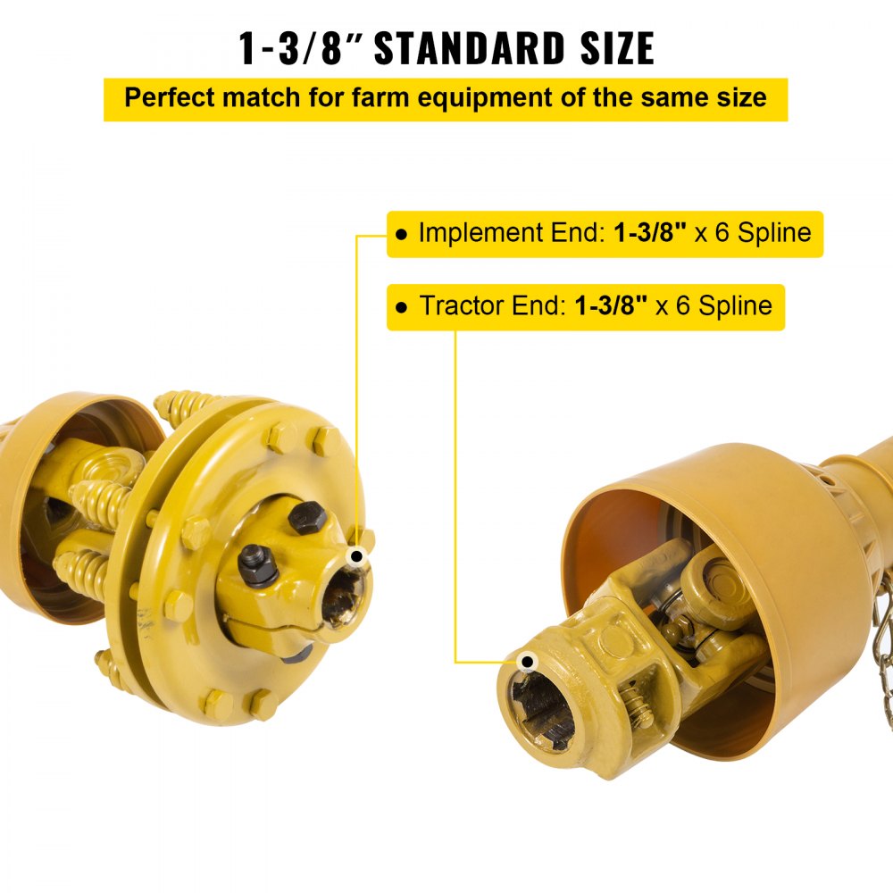 Yellow Bostome Series 4 PTO shaft with 1-3/8 inch 6-spline ends and adjustable length 31.5-41 inches