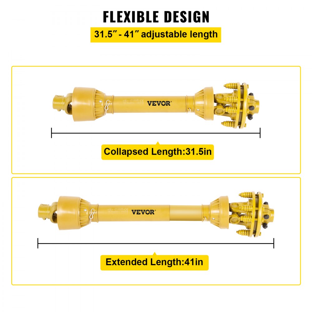 Yellow Bostome Series 4 PTO shaft with adjustable 31.5 to 41 inch length and 6-spline ends