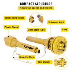 Yellow VEVOR Series 4 PTO shaft with 1-3/8" 6-spline ends, telescoping 31.5-41" length, slip clutch, and safety chain.