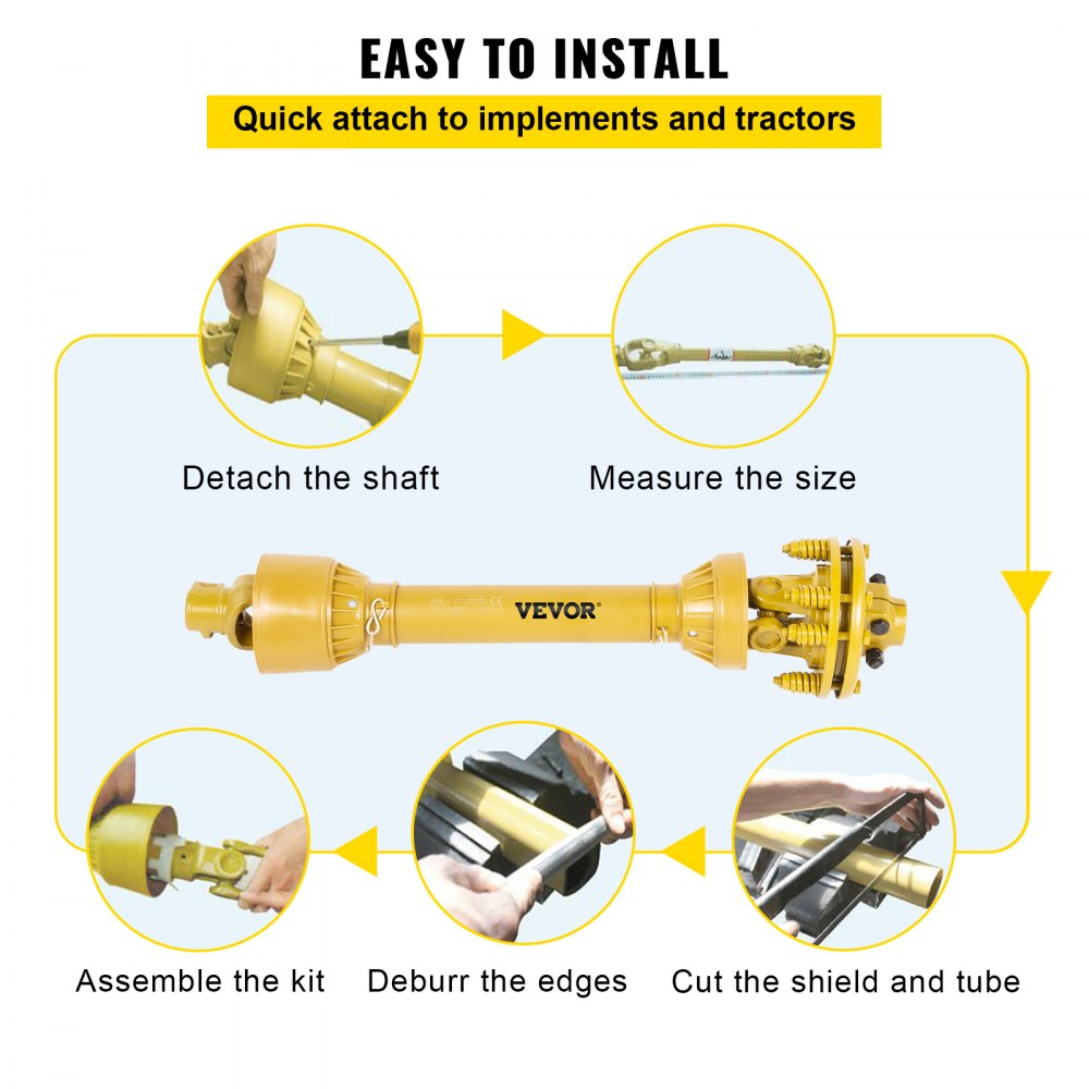 Yellow Bostome Series 4 PTO shaft with 1-3/8" 6-spline ends, adjustable 31.5-41" length, showing easy installation steps.