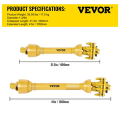 Yellow adjustable PTO shaft with 1-3/8 inch 6-spline ends, 31.5 to 41 inches long.