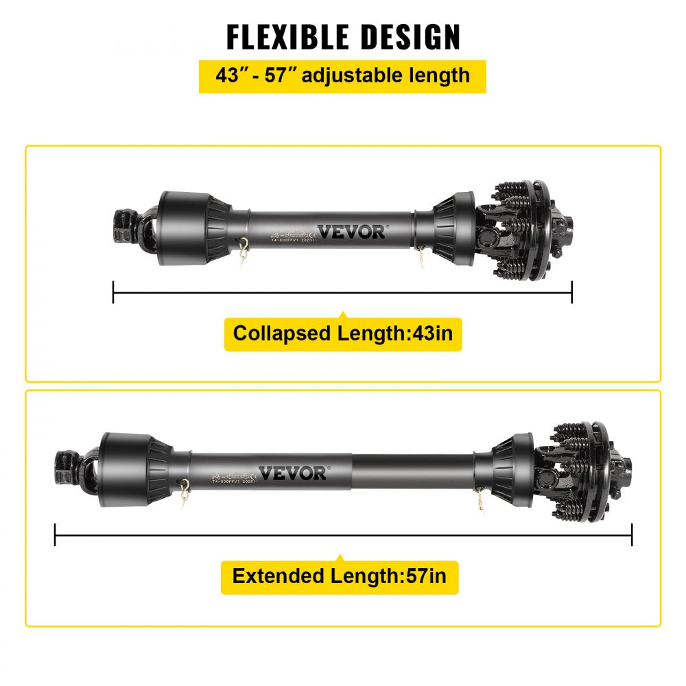 Bostome Series 5 PTO drive shaft with 1-3/8" 6-spline ends, adjustable from 33" collapsed to 57" extended.