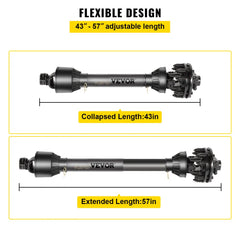 Bostome Series 5 PTO drive shaft with 1-3/8" 6-spline ends, adjustable from 33" collapsed to 57" extended.