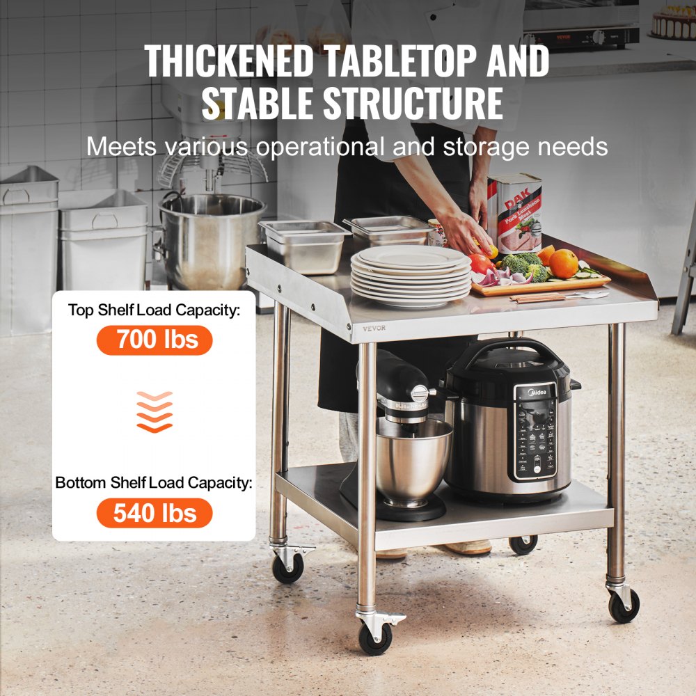 Stainless Steel Work Table, 24 x 28 x 30 Inch Commercial Food Prep Worktable with 4 Wheels, Casters, 3-Sided Backsplash Heavy Duty Prep Worktable, Metal Work Table for Restaurant Home Hotel