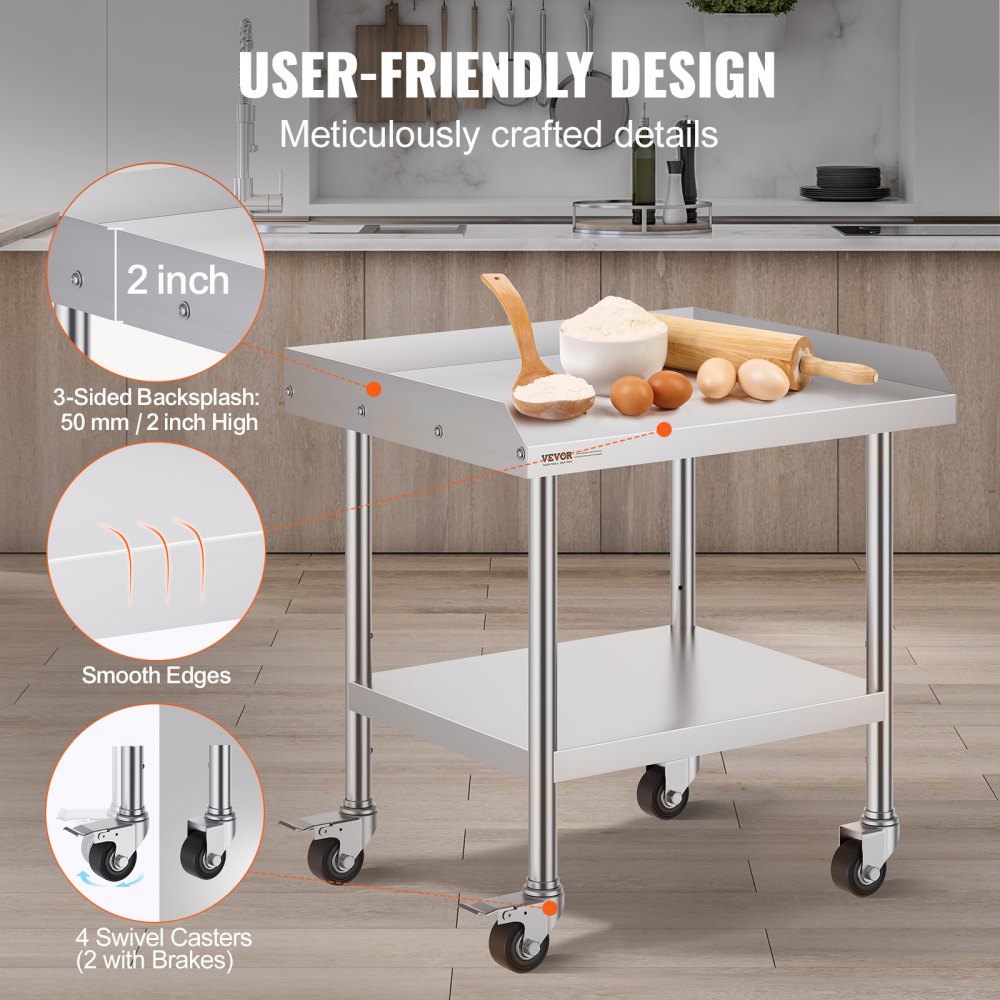 Stainless Steel Work Table, 24 x 28 x 30 Inch Commercial Food Prep Worktable with 4 Wheels, Casters, 3-Sided Backsplash Heavy Duty Prep Worktable, Metal Work Table for Restaurant Home Hotel