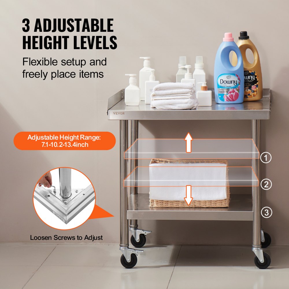 Stainless Steel Work Table, 24 x 28 x 30 Inch Commercial Food Prep Worktable with 4 Wheels, Casters, 3-Sided Backsplash Heavy Duty Prep Worktable, Metal Work Table for Restaurant Home Hotel