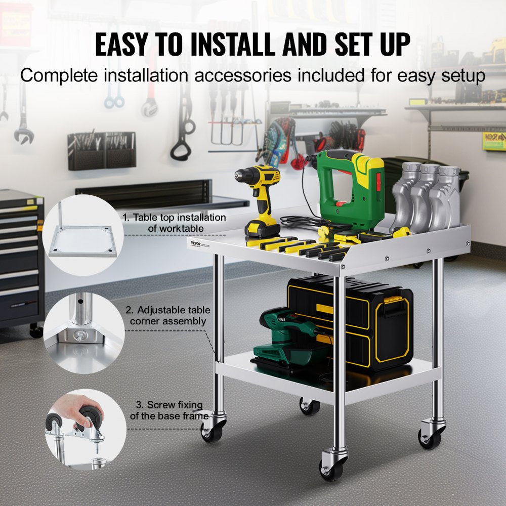 Stainless Steel Work Table, 24 x 28 x 30 Inch Commercial Food Prep Worktable with 4 Wheels, Casters, 3-Sided Backsplash Heavy Duty Prep Worktable, Metal Work Table for Restaurant Home Hotel