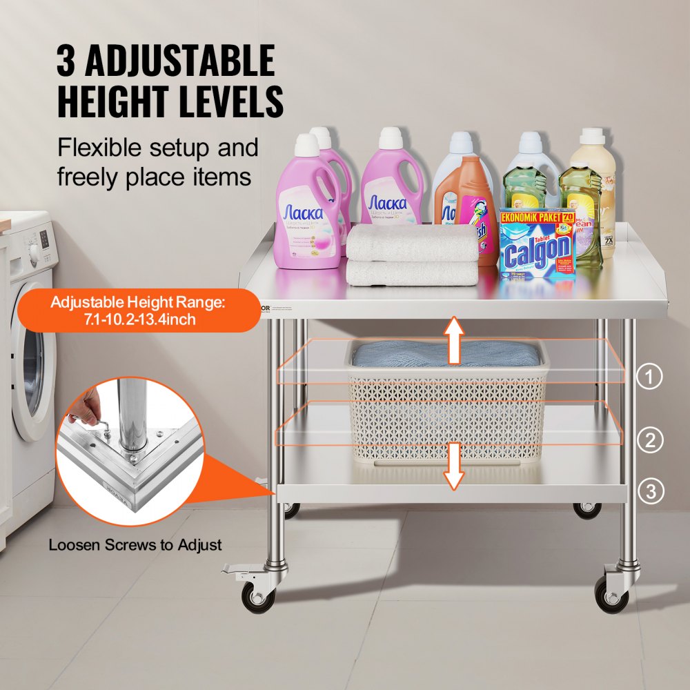 Stainless Steel Work Table, 30 x 36 x 30 Inch Commercial Food Prep Worktable with 4 Wheels, Casters, 3-Sided Backsplash Heavy Duty Prep Worktable, Metal Work Table for Restaurant Home Hotel