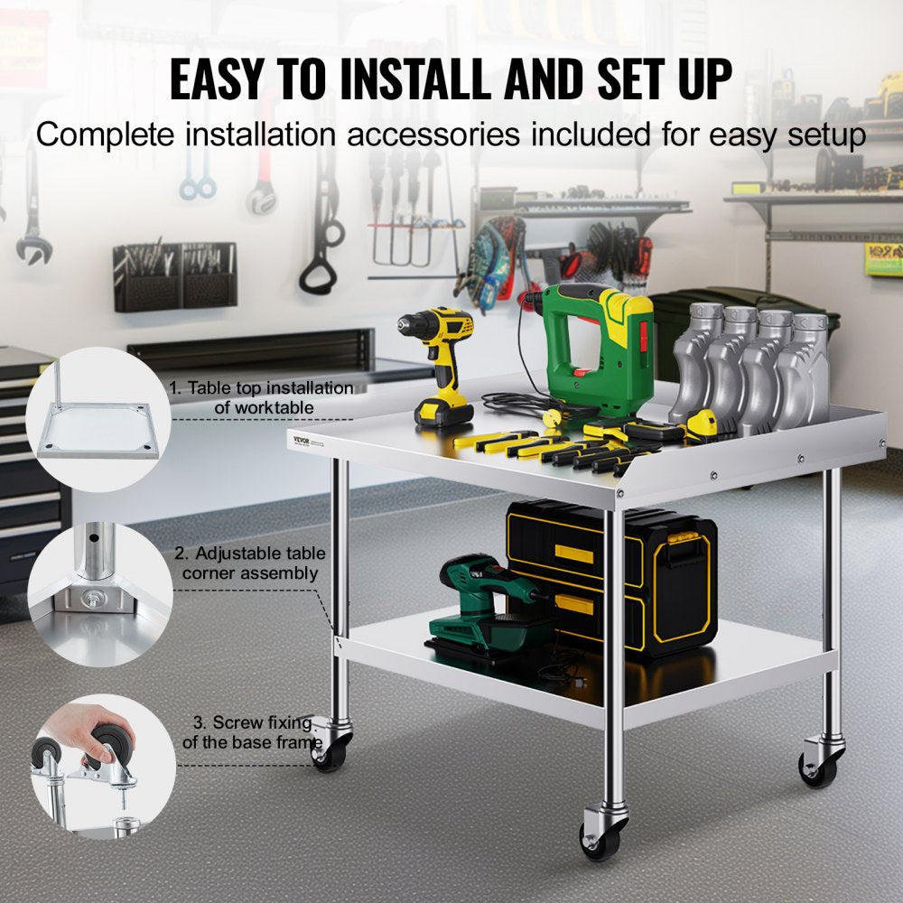 Stainless Steel Work Table, 30 x 36 x 30 Inch Commercial Food Prep Worktable with 4 Wheels, Casters, 3-Sided Backsplash Heavy Duty Prep Worktable, Metal Work Table for Restaurant Home Hotel