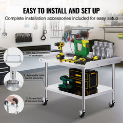 Stainless Steel Work Table, 30 x 36 x 30 Inch Commercial Food Prep Worktable with 4 Wheels, Casters, 3-Sided Backsplash Heavy Duty Prep Worktable, Metal Work Table for Restaurant Home Hotel