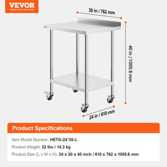 24 x 30 x 40 Inch Stainless Steel Work Table, Commercial Food Prep Worktable with Casters, Heavy Duty Prep Worktable, Metal Work Table with Adjustable Height for Restaurant, Home and Hotel