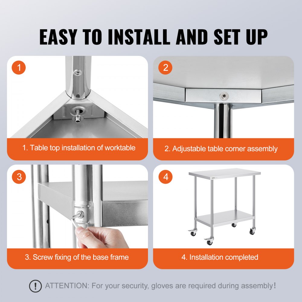 Stainless Steel Work Table 24 x 36 x 38 Inch, with 4 Wheels, 3 Adjustable Height Levels, Heavy Duty Food Prep Worktable for Commercial Kitchen Restaurant, Silver