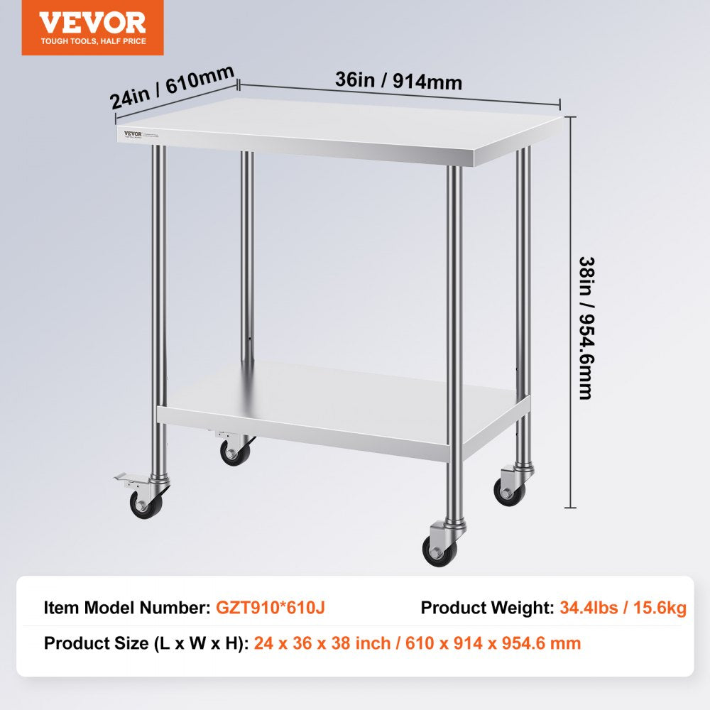 Stainless Steel Work Table 24 x 36 x 38 Inch, with 4 Wheels, 3 Adjustable Height Levels, Heavy Duty Food Prep Worktable for Commercial Kitchen Restaurant, Silver