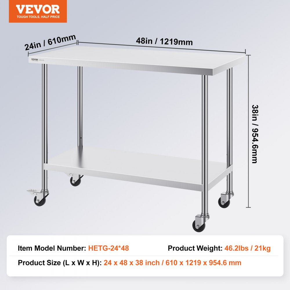 Stainless Steel Work Table 24 x 48 x 38 Inch, with 4 Wheels, 3 Adjustable Height Levels, Heavy Duty Food Prep Worktable for Commercial Kitchen Restaurant, Silver