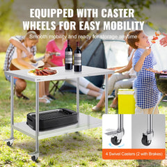 Stainless Steel Work Table 30 x 48 x 38 Inch, with 4 Wheels, 3 Adjustable Height Levels, Heavy Duty Food Prep Worktable for Commercial Kitchen Restaurant, Silver