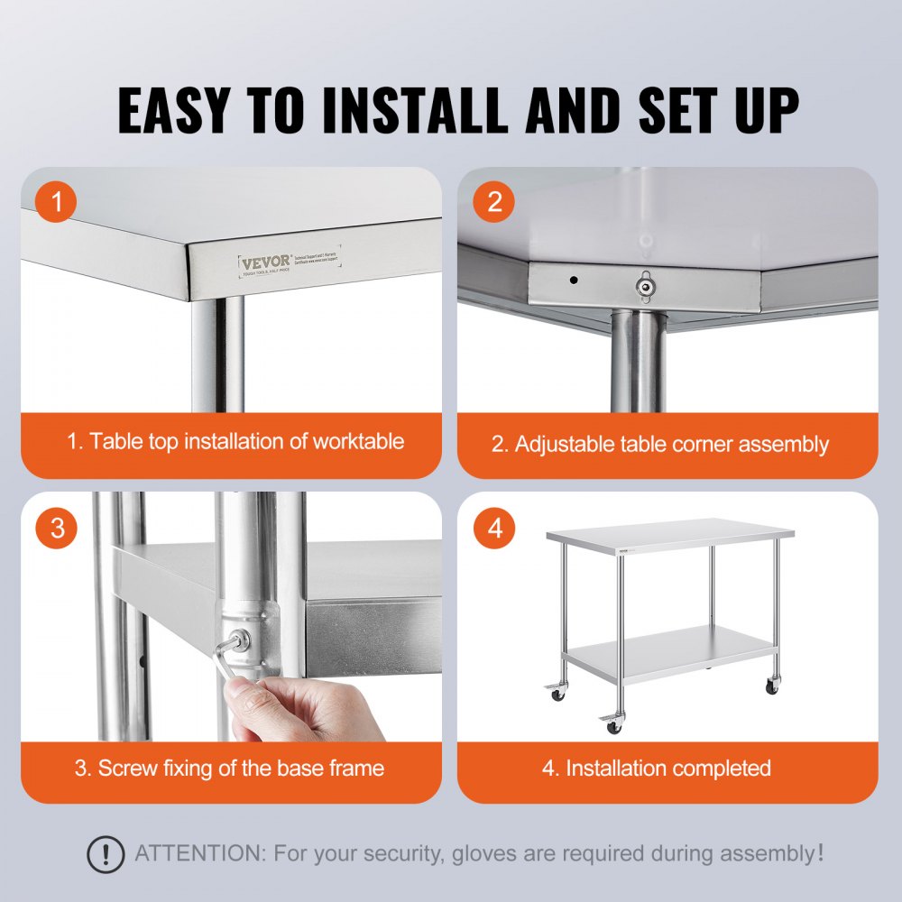 Stainless Steel Work Table 30 x 48 x 38 Inch, with 4 Wheels, 3 Adjustable Height Levels, Heavy Duty Food Prep Worktable for Commercial Kitchen Restaurant, Silver