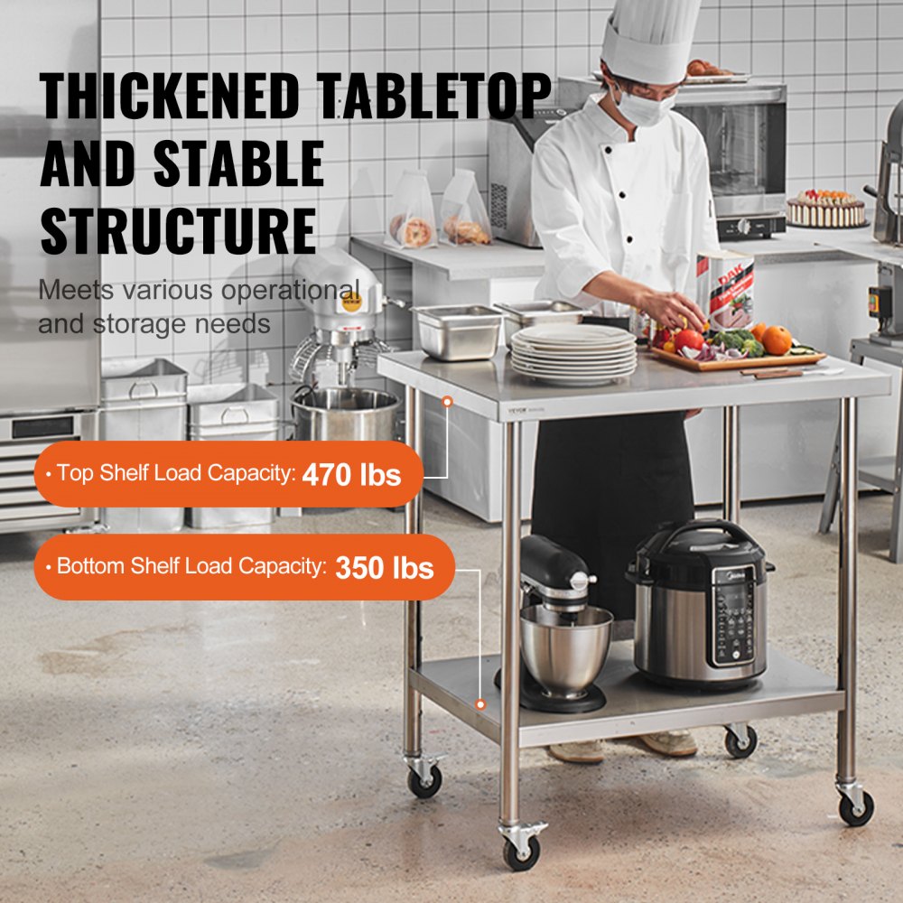 Stainless Steel Work Table 30 x 18 x 38 Inch, with 4 Wheels, 3 Adjustable Height Levels, Heavy Duty Food Prep Worktable for Commercial Kitchen Restaurant, Silver