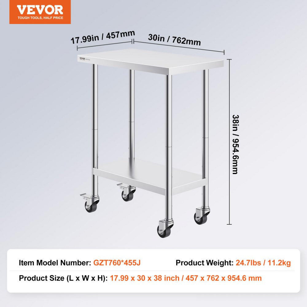 Stainless Steel Work Table 30 x 18 x 38 Inch, with 4 Wheels, 3 Adjustable Height Levels, Heavy Duty Food Prep Worktable for Commercial Kitchen Restaurant, Silver