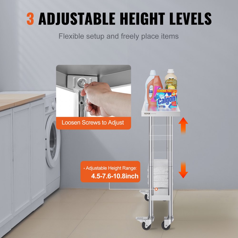 Stainless Steel Work Table 30 x 12 x 38 Inch, with 4 Wheels, 3 Adjustable Height Levels, Heavy Duty Food Prep Worktable for Commercial Kitchen Restaurant, Silver