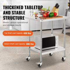Stainless Steel Work Table 24 x 30 x 38 Inch, with 4 Wheels, 3 Adjustable Height Levels, Heavy Duty Food Prep Worktable for Commercial Kitchen Restaurant, Silver