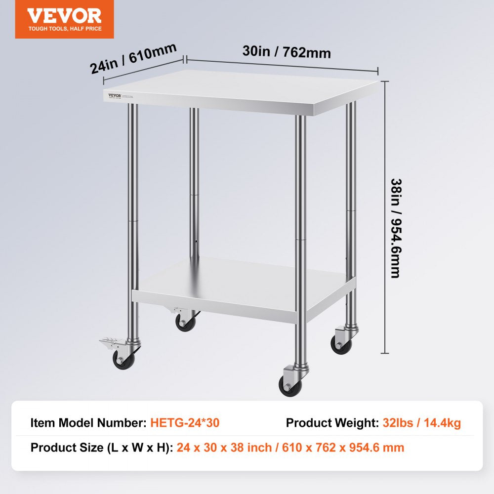 Stainless Steel Work Table 24 x 30 x 38 Inch, with 4 Wheels, 3 Adjustable Height Levels, Heavy Duty Food Prep Worktable for Commercial Kitchen Restaurant, Silver