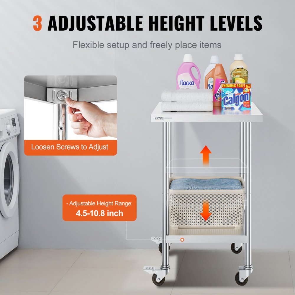 Stainless Steel Work Table 24 x 24 x 38 Inch, with 4 Wheels, 3 Adjustable Height Levels, Heavy Duty Food Prep Worktable for Commercial Kitchen Restaurant, Silver
