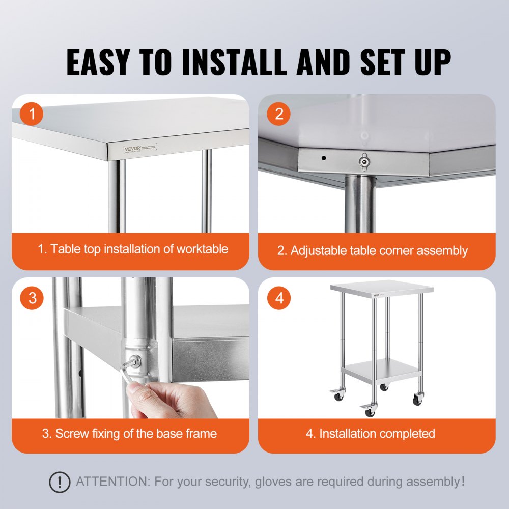 Stainless Steel Work Table 24 x 24 x 38 Inch, with 4 Wheels, 3 Adjustable Height Levels, Heavy Duty Food Prep Worktable for Commercial Kitchen Restaurant, Silver