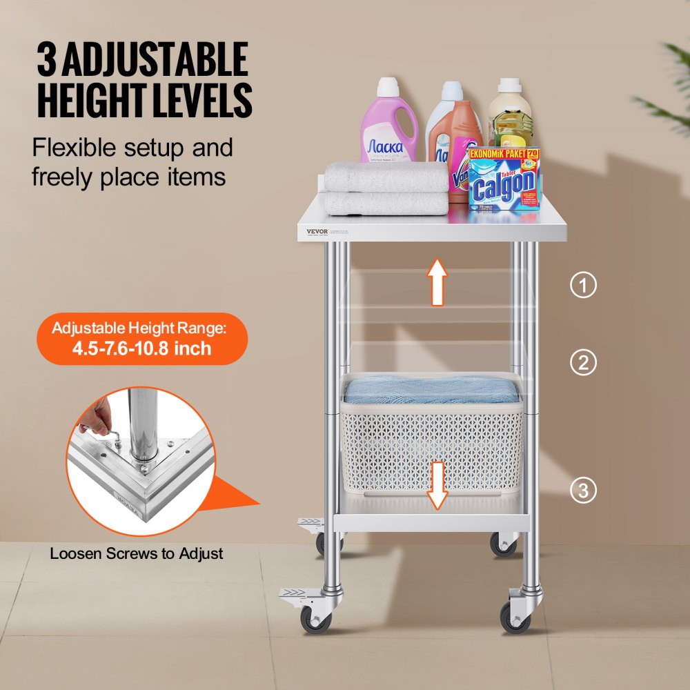 24 x 24 x 40 Inch Stainless Steel Work Table, Commercial Food Prep Worktable with Casters, Heavy Duty Prep Worktable, Metal Work Table with Adjustable Height for Restaurant, Home and Hotel