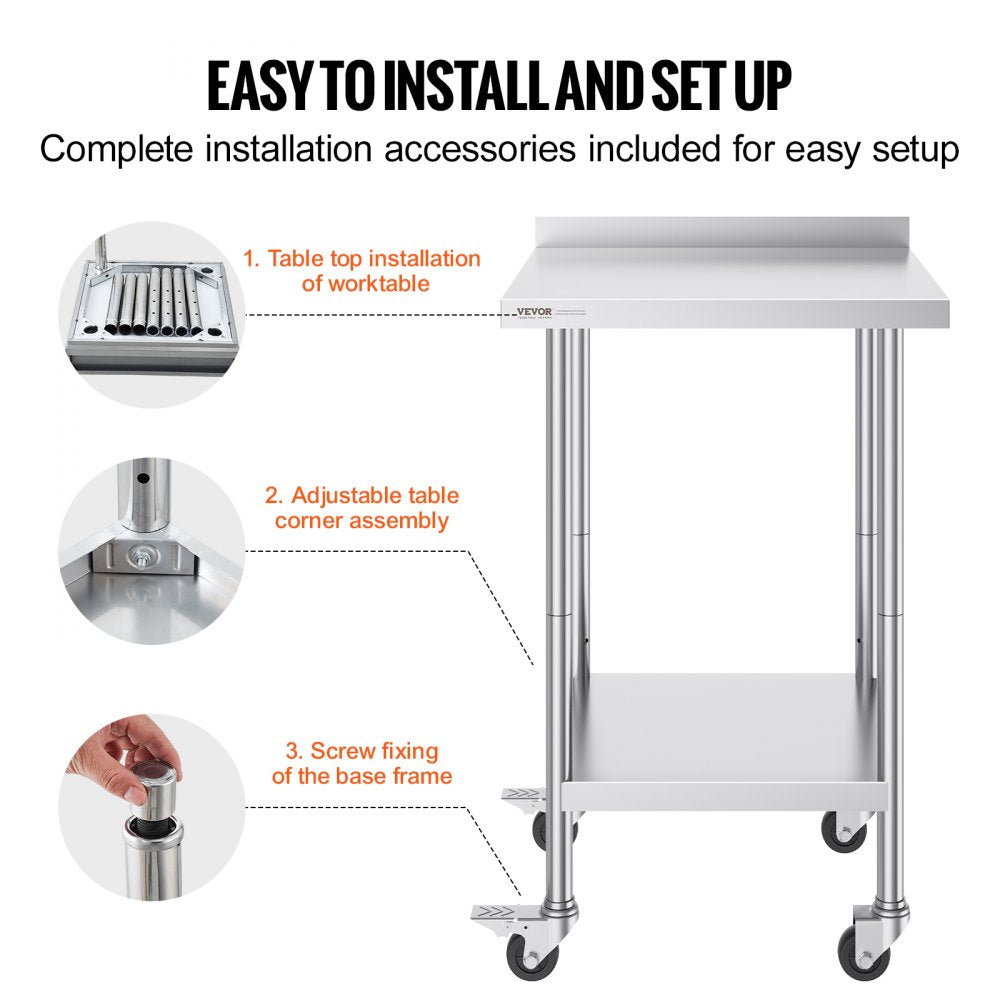24 x 24 x 40 Inch Stainless Steel Work Table, Commercial Food Prep Worktable with Casters, Heavy Duty Prep Worktable, Metal Work Table with Adjustable Height for Restaurant, Home and Hotel
