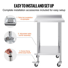 24 x 24 x 40 Inch Stainless Steel Work Table, Commercial Food Prep Worktable with Casters, Heavy Duty Prep Worktable, Metal Work Table with Adjustable Height for Restaurant, Home and Hotel