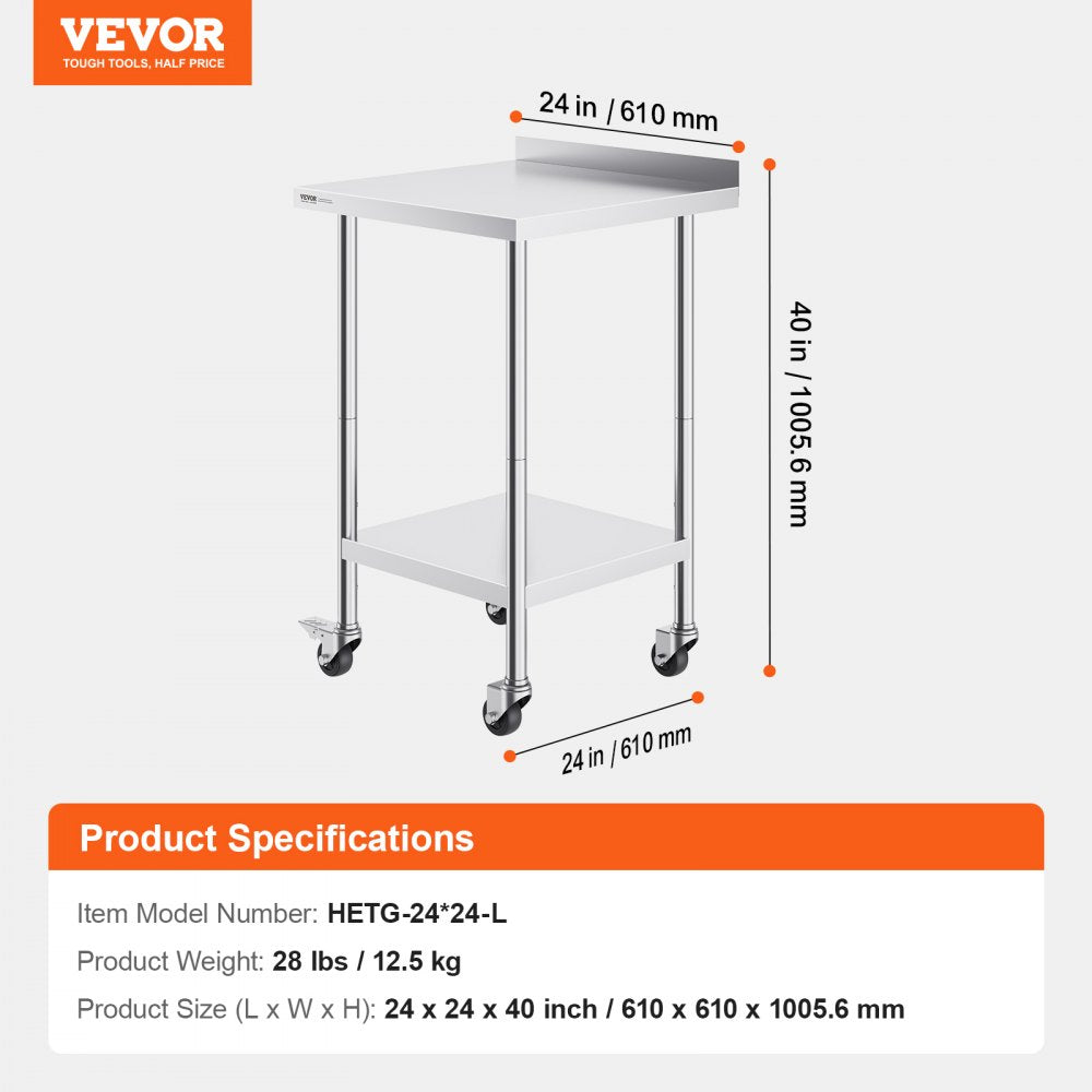 24 x 24 x 40 Inch Stainless Steel Work Table, Commercial Food Prep Worktable with Casters, Heavy Duty Prep Worktable, Metal Work Table with Adjustable Height for Restaurant, Home and Hotel