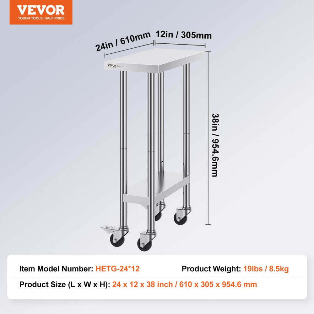 Stainless Steel Work Table 24 x 12 x 38 Inch, with 4 Wheels, 3 Adjustable Height Levels, Heavy Duty Food Prep Worktable for Commercial Kitchen Restaurant, Silver