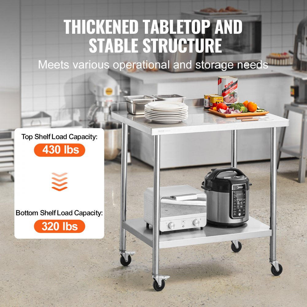 24 x 36 x 40 Inch Stainless Steel Work Table, Commercial Food Prep Worktable with Casters, Heavy Duty Prep Worktable, Metal Work Table with Adjustable Height for Restaurant, Home and Hotel