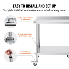 24 x 36 x 40 Inch Stainless Steel Work Table, Commercial Food Prep Worktable with Casters, Heavy Duty Prep Worktable, Metal Work Table with Adjustable Height for Restaurant, Home and Hotel