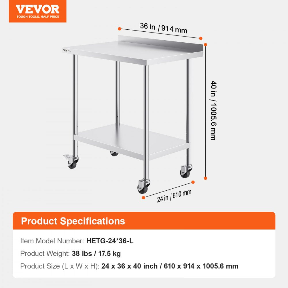 24 x 36 x 40 Inch Stainless Steel Work Table, Commercial Food Prep Worktable with Casters, Heavy Duty Prep Worktable, Metal Work Table with Adjustable Height for Restaurant, Home and Hotel