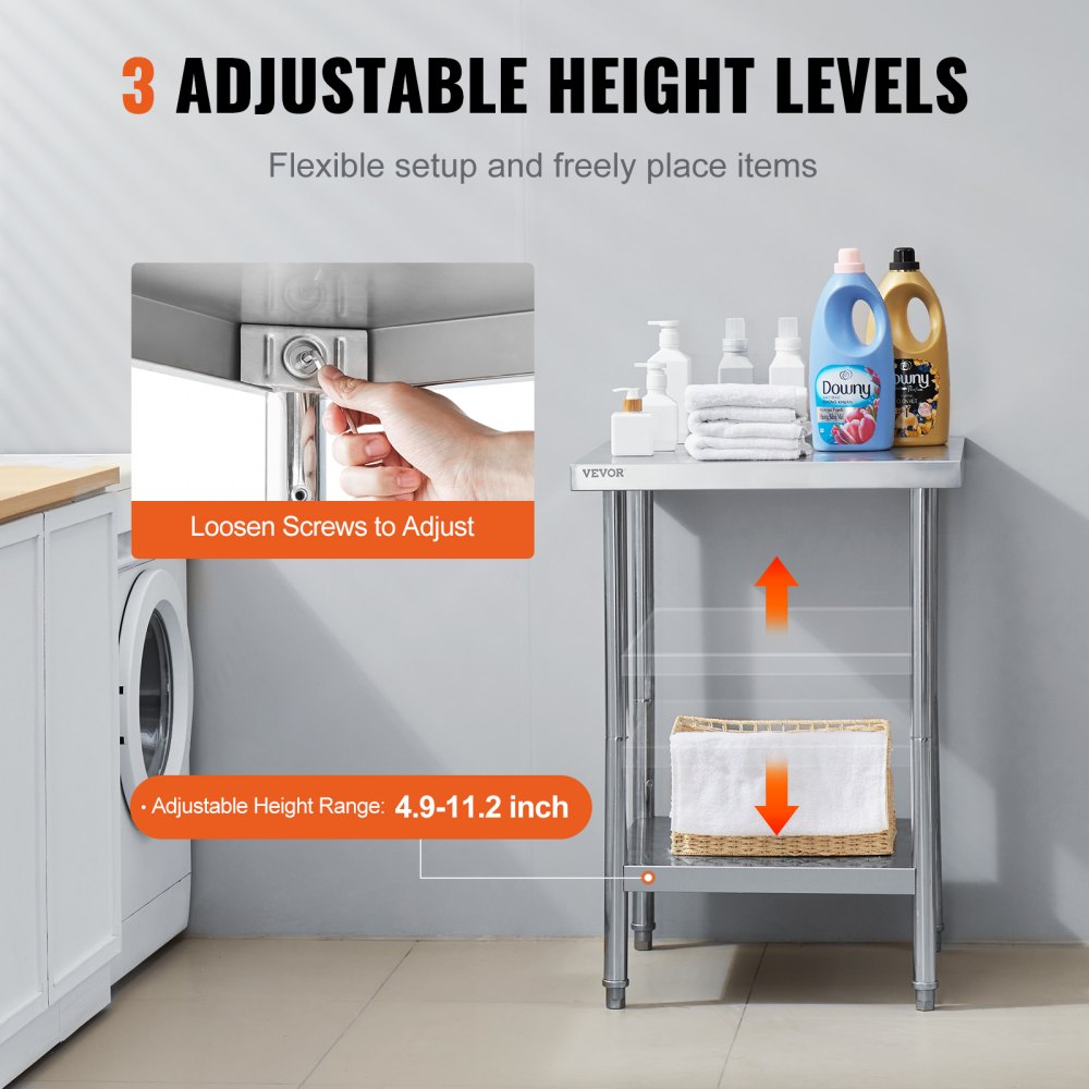 Stainless Steel Prep Table, 24 x 24 x 34 Inch, Heavy Duty Metal Worktable with 3 Adjustable Height Levels, Commercial Workstation for Kitchen Garage Restaurant Backyard