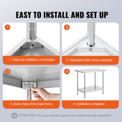 Stainless Steel Prep Table, 24 x 36 x 34 Inch, Heavy Duty Metal Worktable with 3 Adjustable Height Levels, Commercial Workstation for Kitchen Garage Restaurant Backyard
