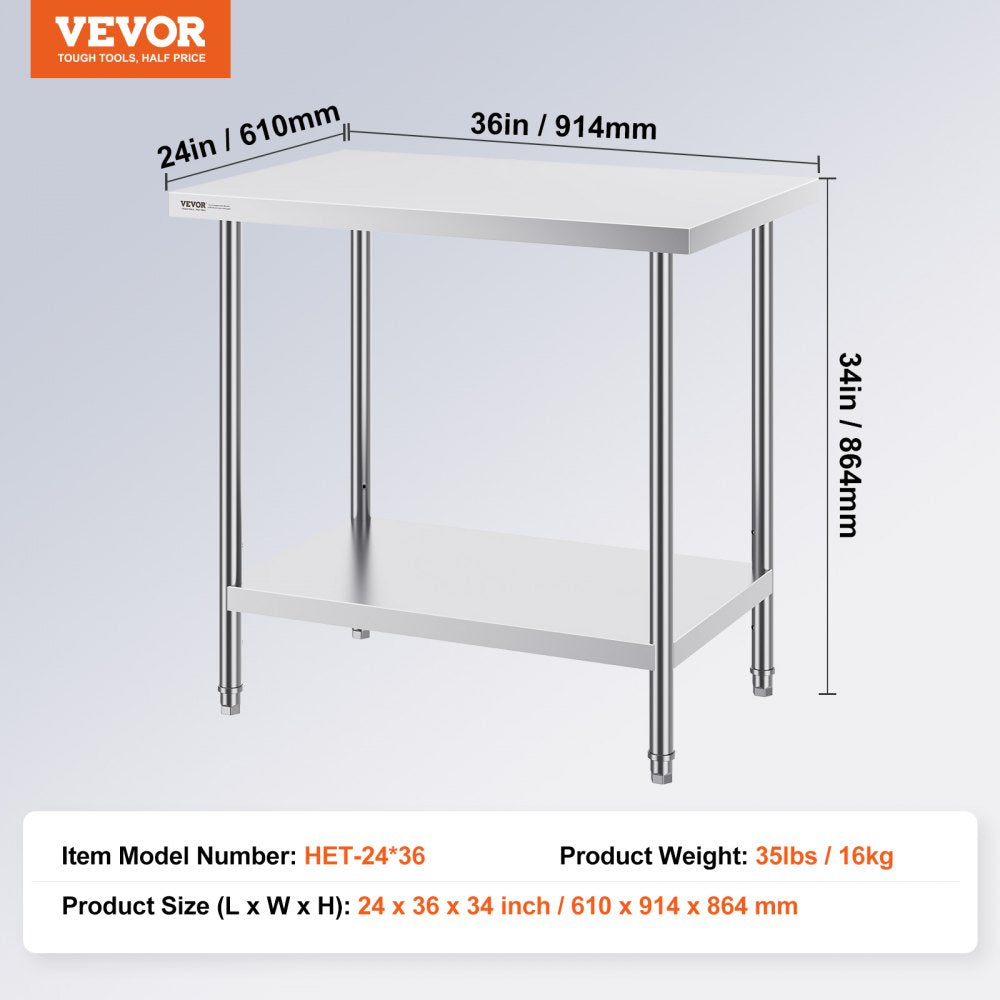 Stainless Steel Prep Table, 24 x 36 x 34 Inch, Heavy Duty Metal Worktable with 3 Adjustable Height Levels, Commercial Workstation for Kitchen Garage Restaurant Backyard