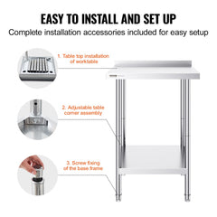 24 x 24 x 36 Inch Stainless Steel Work Table, Commercial Food Prep Worktable Heavy Duty Prep Worktable, Metal Work Table with Adjustable Height for Restaurant, Home and Hotel