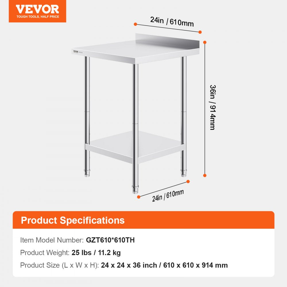 24 x 24 x 36 Inch Stainless Steel Work Table, Commercial Food Prep Worktable Heavy Duty Prep Worktable, Metal Work Table with Adjustable Height for Restaurant, Home and Hotel