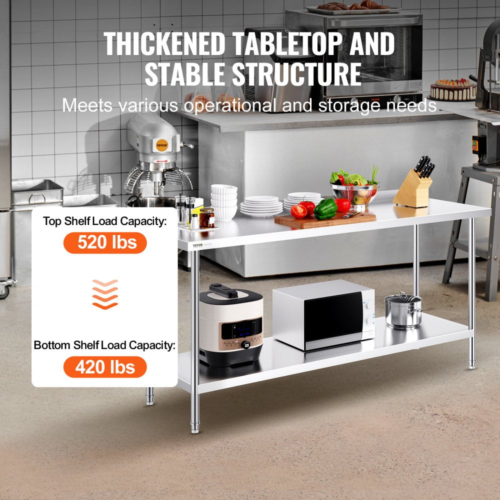 24 x 72 x 36 Inch Stainless Steel Work Table, Commercial Food Prep Worktable Heavy Duty Prep Worktable, Metal Work Table with Adjustable Height for Restaurant, Home and Hotel