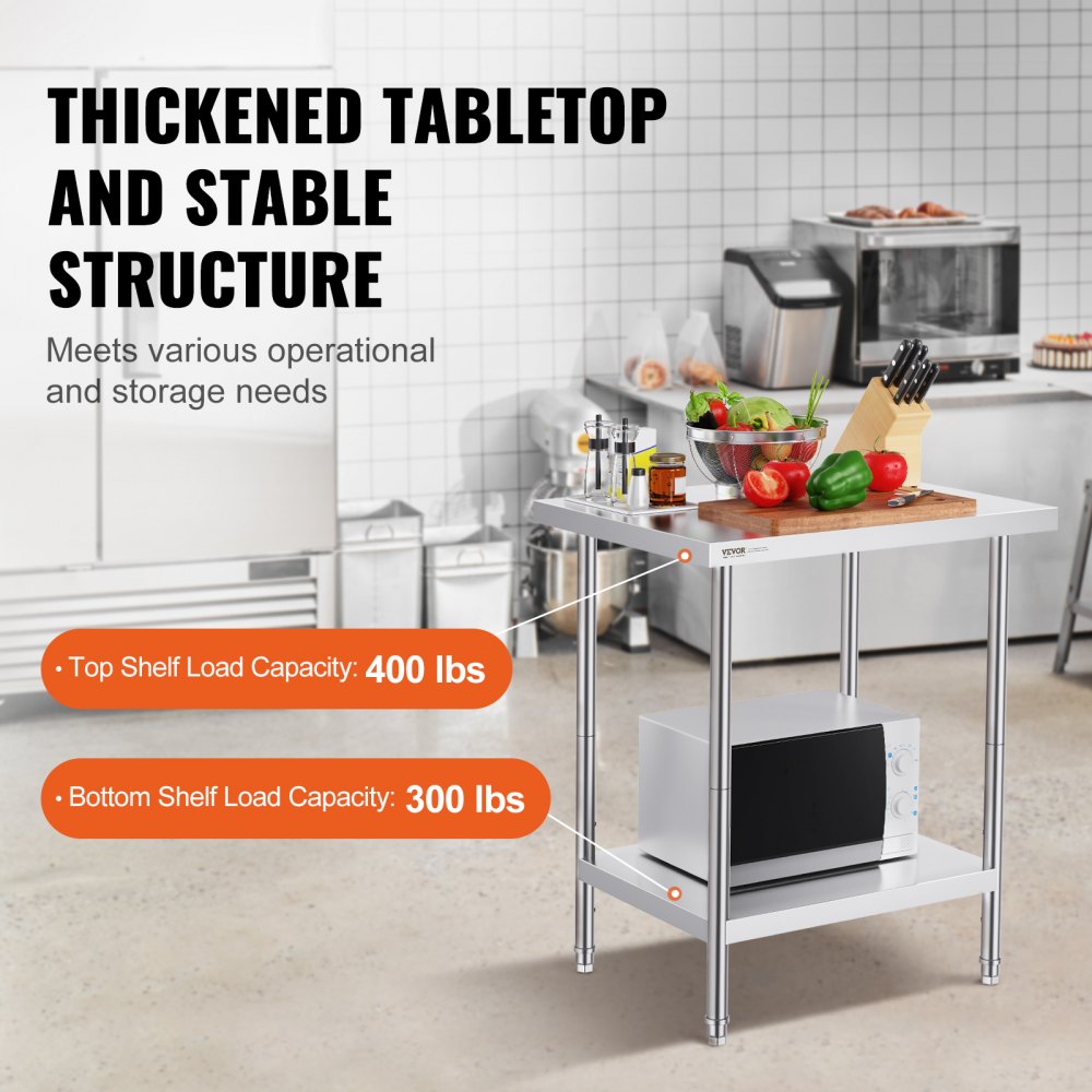 Stainless Steel Prep Table, 24 x 30 x 34 Inch, Heavy Duty Metal Worktable with 3 Adjustable Height Levels, Commercial Workstation for Kitchen Garage Restaurant Backyard