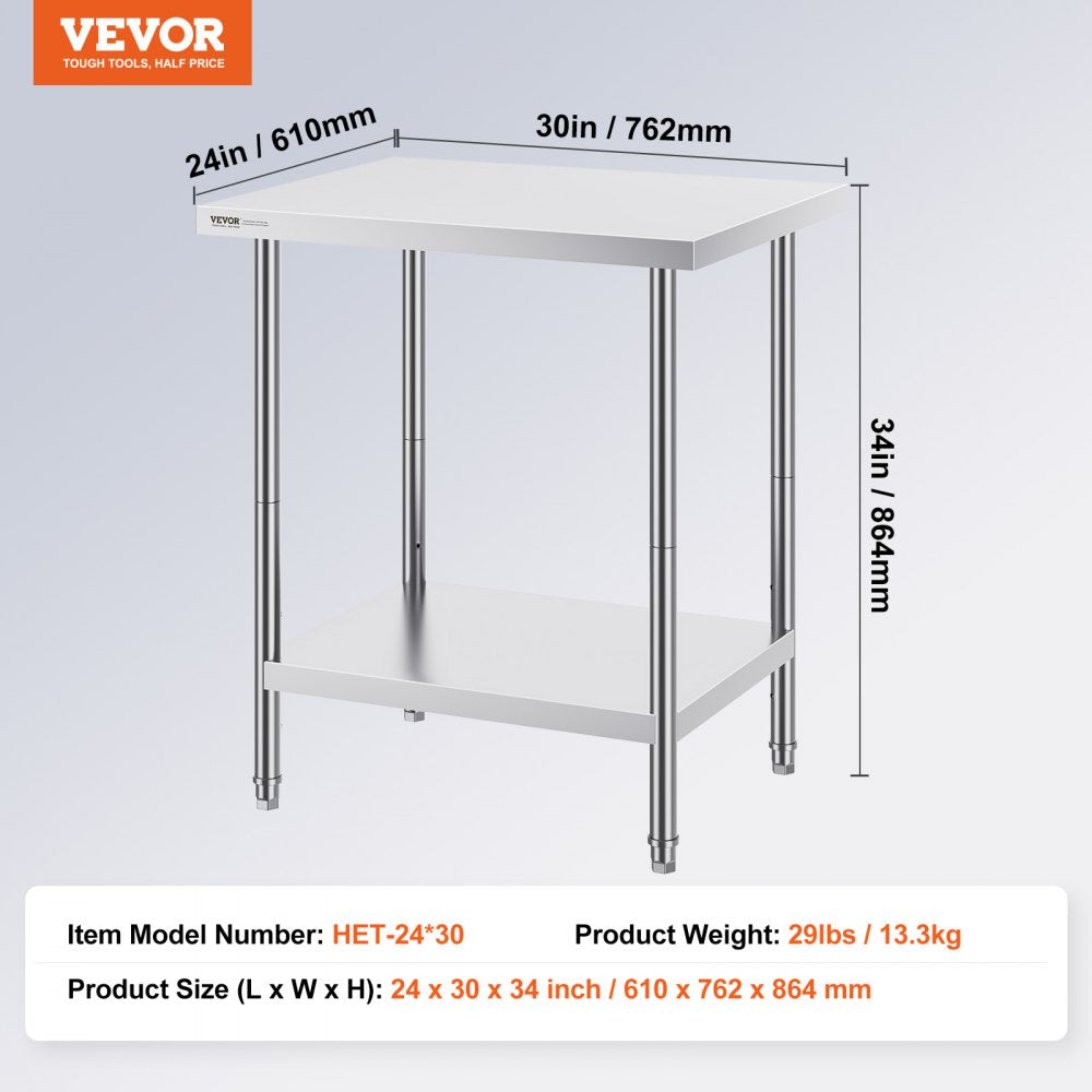 Stainless Steel Prep Table, 24 x 30 x 34 Inch, Heavy Duty Metal Worktable with 3 Adjustable Height Levels, Commercial Workstation for Kitchen Garage Restaurant Backyard