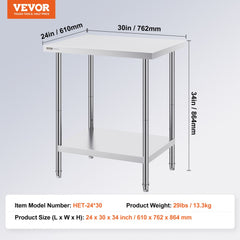 Stainless Steel Prep Table, 24 x 30 x 34 Inch, Heavy Duty Metal Worktable with 3 Adjustable Height Levels, Commercial Workstation for Kitchen Garage Restaurant Backyard
