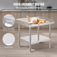 Stainless Steel Work Table, 24 x 28 x 26 Inch Commercial Food Prep Worktable, 3-Sided Backsplash Heavy Duty Prep Worktable, Metal Work Table with Adjustable Height for Restaurant Home Hotel