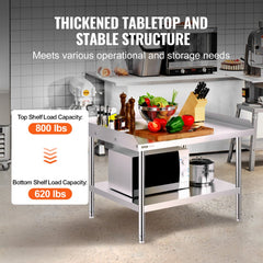 Stainless Steel Work Table, 30 x 36 x 26 Inch Commercial Food Prep Worktable, 3-Sided Backsplash Heavy Duty Prep Worktable, Metal Work Table with Adjustable Height for Restaurant Home Hotel