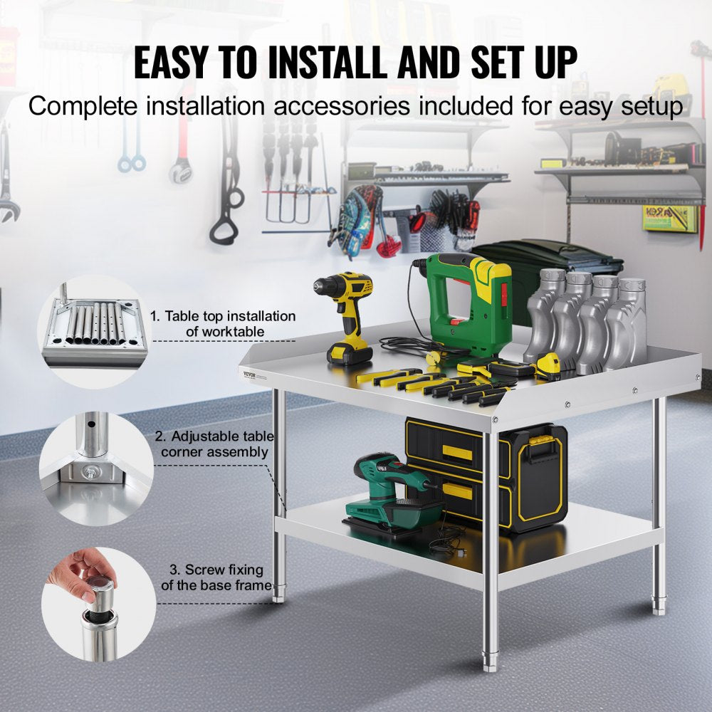 Stainless Steel Work Table, 30 x 36 x 26 Inch Commercial Food Prep Worktable, 3-Sided Backsplash Heavy Duty Prep Worktable, Metal Work Table with Adjustable Height for Restaurant Home Hotel