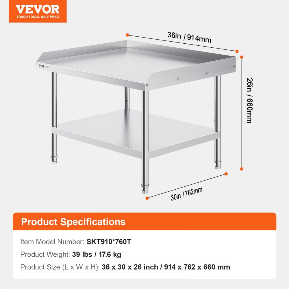 Stainless Steel Work Table, 30 x 36 x 26 Inch Commercial Food Prep Worktable, 3-Sided Backsplash Heavy Duty Prep Worktable, Metal Work Table with Adjustable Height for Restaurant Home Hotel