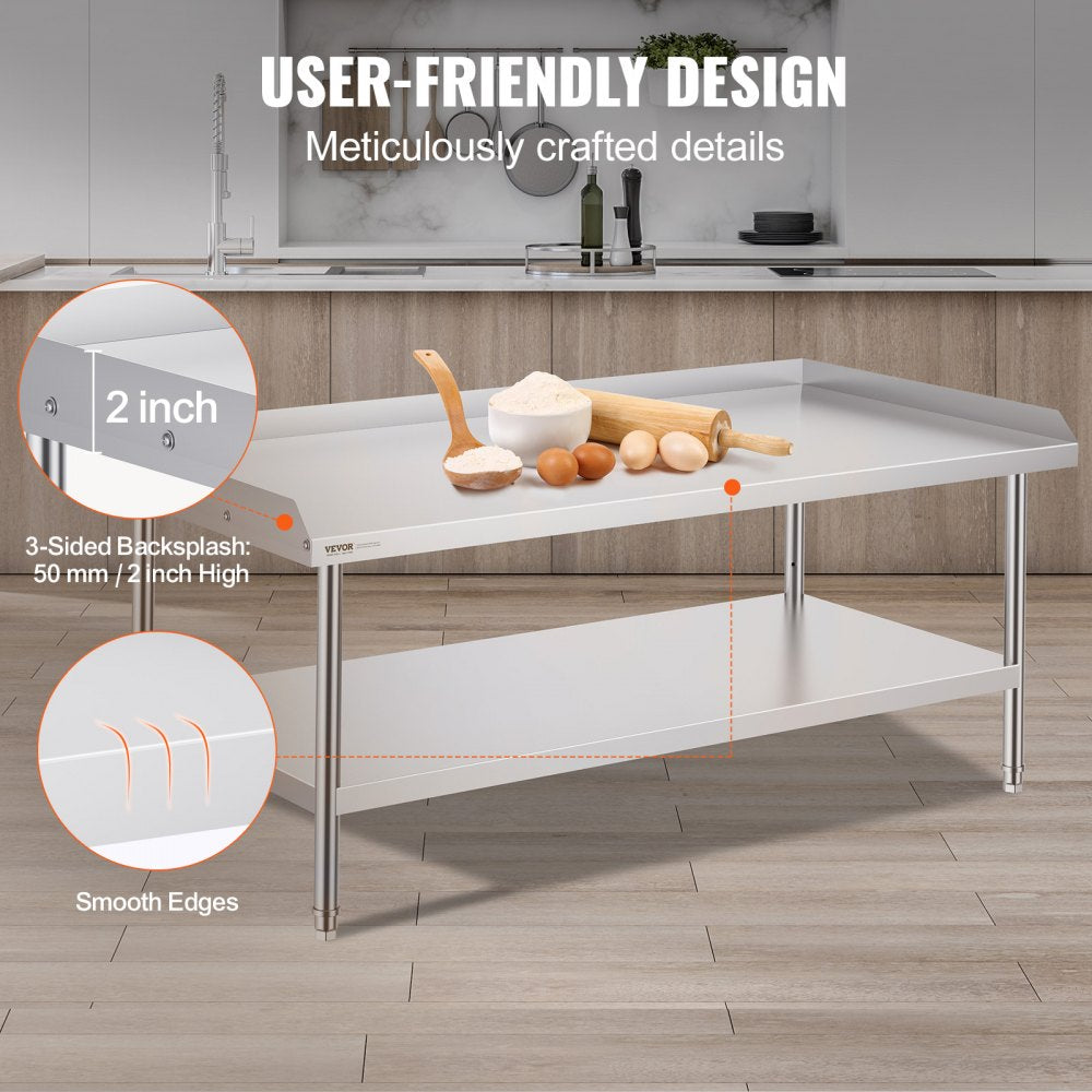 Stainless Steel Work Table, 30 x 60 x 26 Inch Commercial Food Prep Worktable, 3-Sided Backsplash Heavy Duty Prep Worktable, Metal Work Table with Adjustable Height for Restaurant Home Hotel